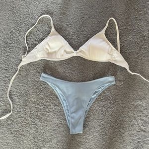 Hollister Light Blue and White Ribbed Bikini Size M